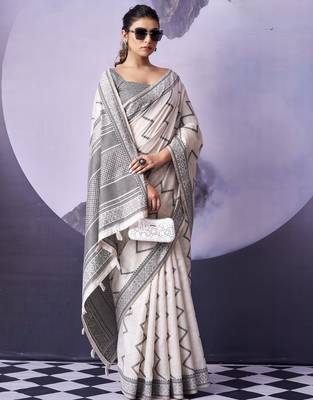 off white premium fancy cotton blend partywear saree 1