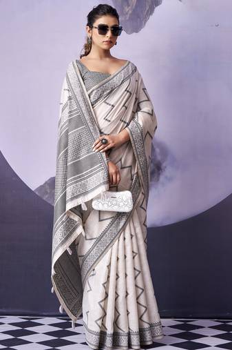 off white premium fancy cotton blend partywear saree