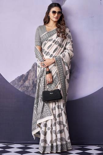 off white premium fancy cotton blend partywear saree