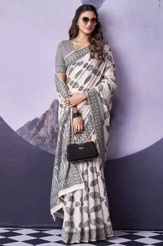 off white premium fancy cotton blend partywear saree