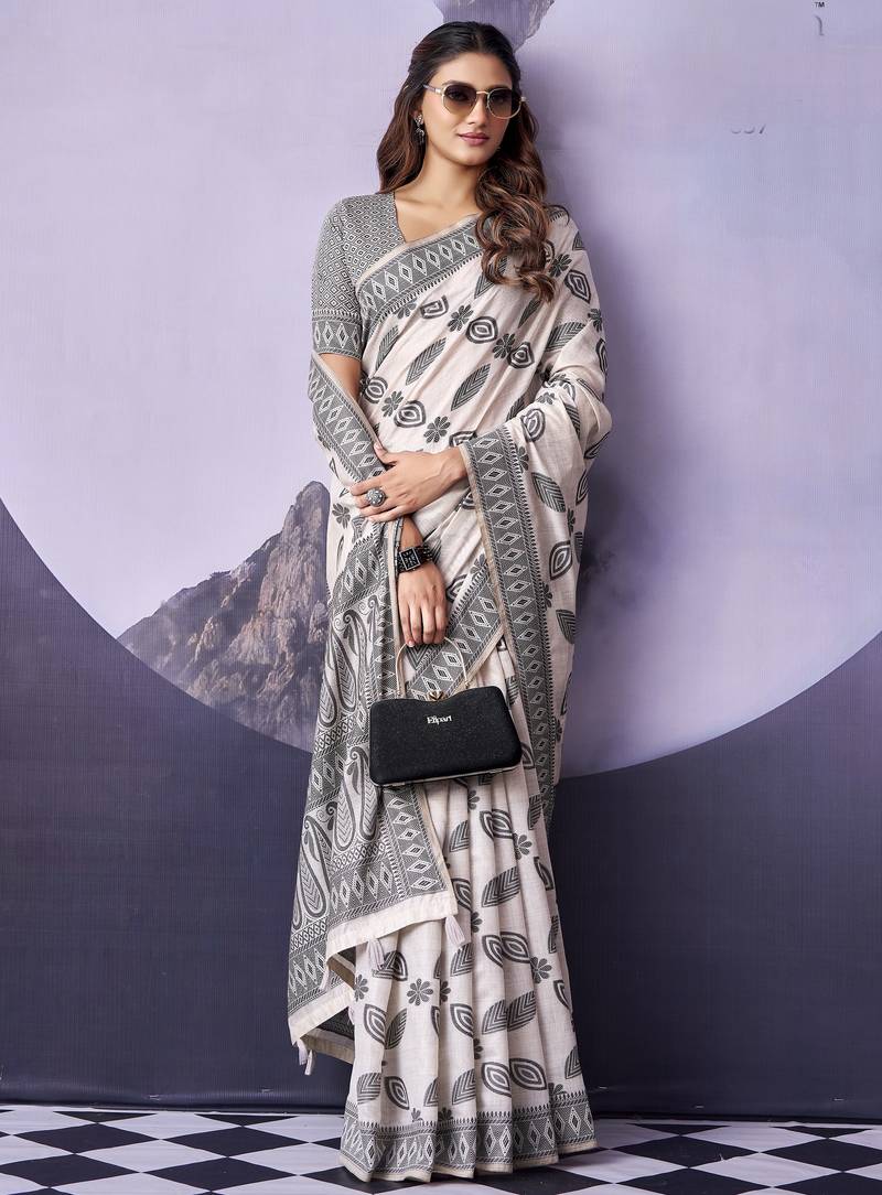 off white premium fancy cotton blend partywear saree