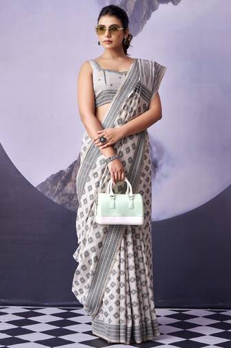off white premium fancy cotton blend partywear saree