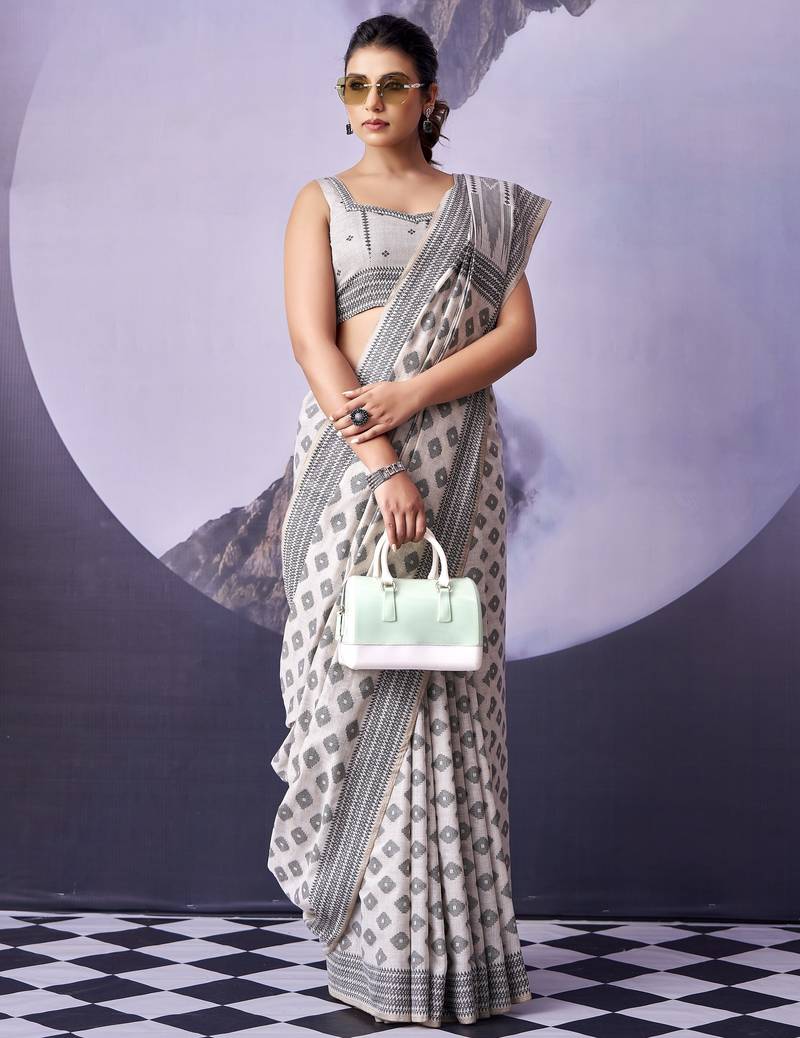 off white premium fancy cotton blend partywear saree