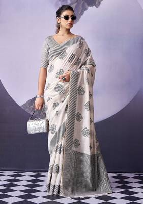 off white premium fancy cotton blend partywear saree 1