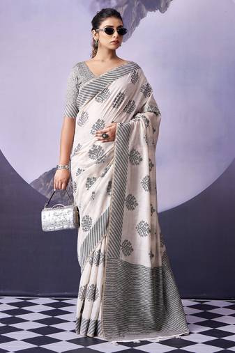 off white premium fancy cotton blend partywear saree