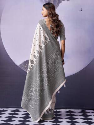 off white premium fancy cotton blend partywear saree 2