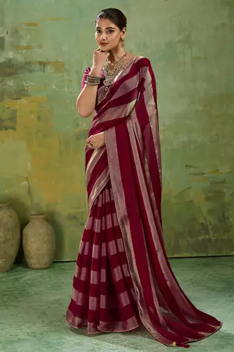 Wine premium velvet satin metallic gold saree