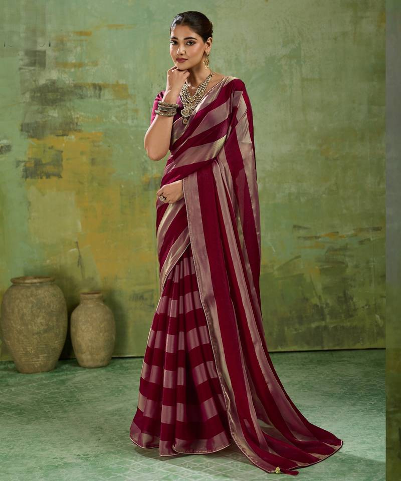 Wine premium velvet satin metallic gold saree
