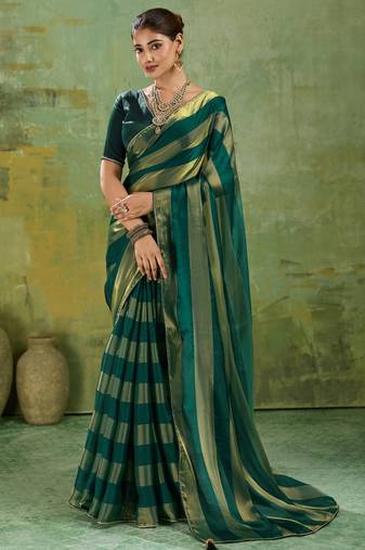 Green premium velvet satin metallic gold saree