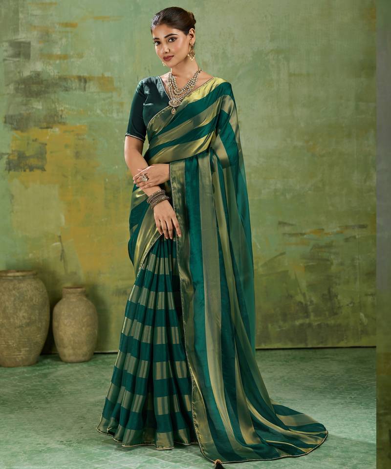 Green premium velvet satin metallic gold saree