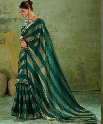 Green premium velvet satin metallic gold saree 2