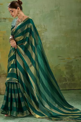 Green premium velvet satin metallic gold saree