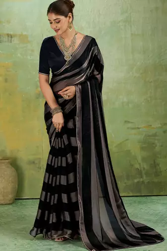 Black premium velvet satin metallic gold saree