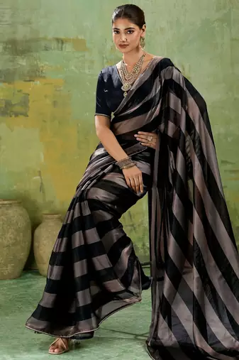 Black premium velvet satin metallic gold saree