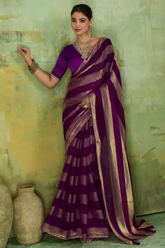 Purple premium velvet satin metallic gold saree