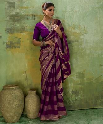 Purple premium velvet satin metallic gold saree 2