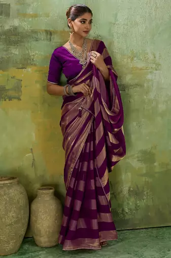 Purple premium velvet satin metallic gold saree
