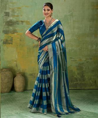 Blue premium velvet satin metallic gold saree 1