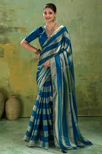 Blue premium velvet satin metallic gold saree