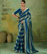 Blue premium velvet satin metallic gold saree