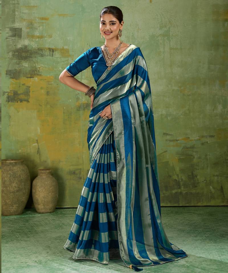 Blue premium velvet satin metallic gold saree
