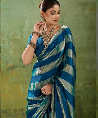 Blue premium velvet satin metallic gold saree 2