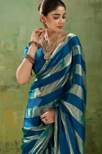 Blue premium velvet satin metallic gold saree