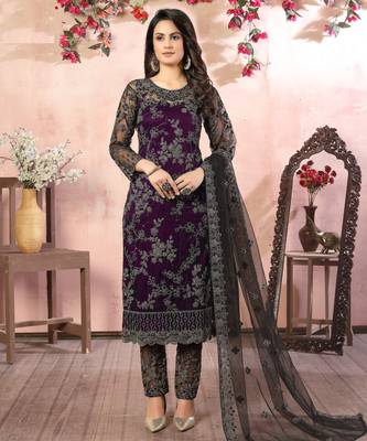 glamorous wine purple heavy cording and sequin net salwar suit 2