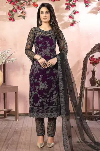 glamorous wine purple heavy cording and sequin net salwar suit