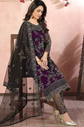 glamorous wine purple heavy cording and sequin net salwar suit