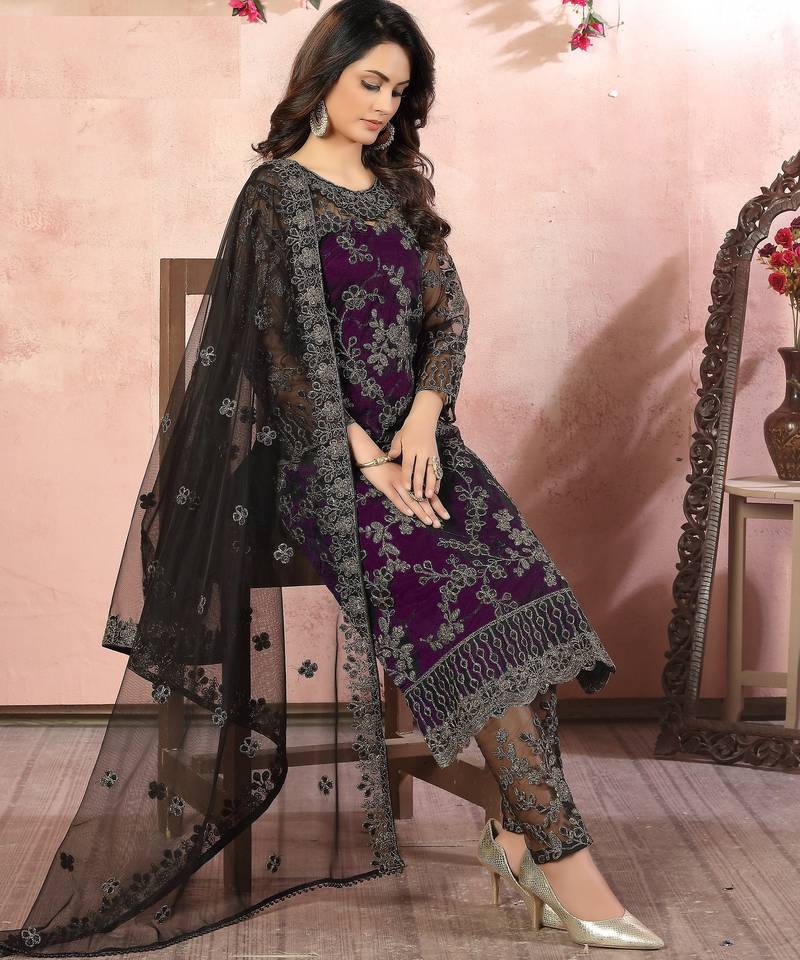 glamorous wine purple heavy cording and sequin net salwar suit