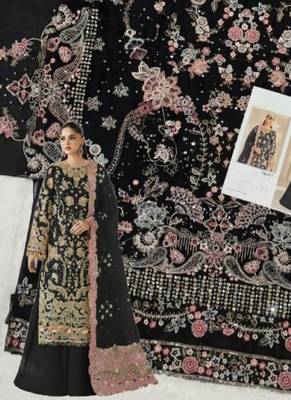 black chiffon semi stitched suit with embroidery & sequence work 2