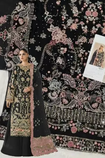 black chiffon semi stitched suit with embroidery & sequence work