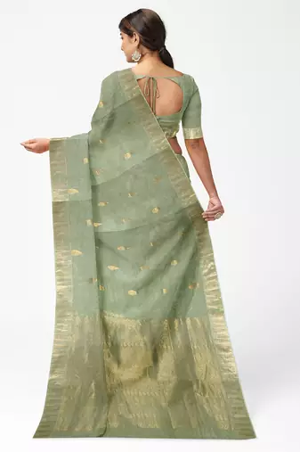 Elegant mint green linen saree with gold zari butta