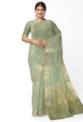 Elegant mint green linen saree with gold zari butta 1