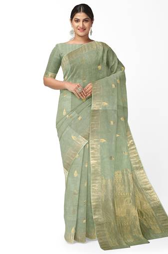 Elegant mint green linen saree with gold zari butta