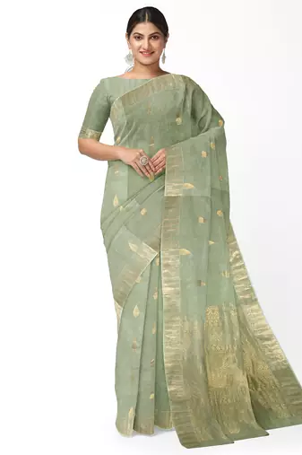 Elegant mint green linen saree with gold zari butta