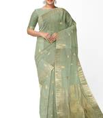 Elegant mint green linen saree with gold zari butta