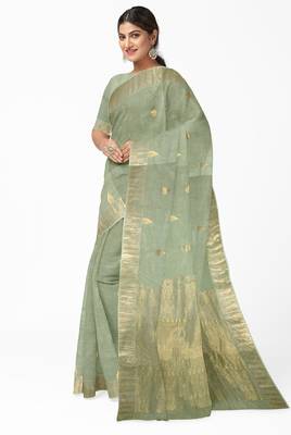 Elegant mint green linen saree with gold zari butta 3