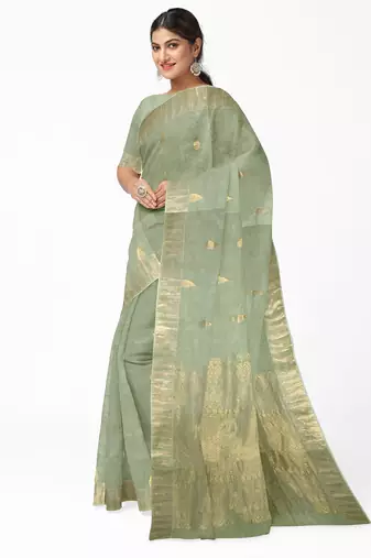 Elegant mint green linen saree with gold zari butta
