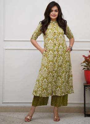 Green digital print cotton kurta set 1