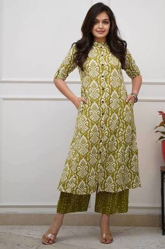 Green digital print cotton kurta set