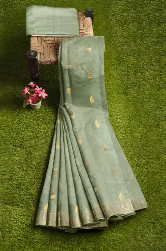 Elegant mint green linen saree with gold zari butta