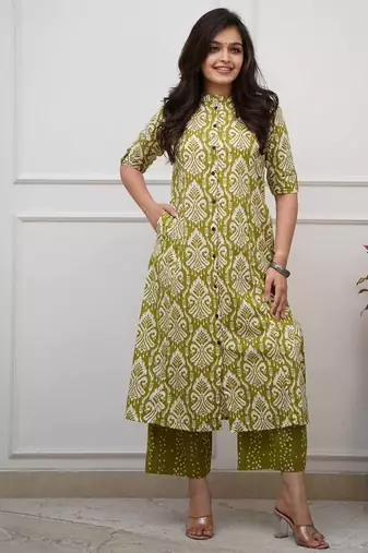 Green digital print cotton kurta set