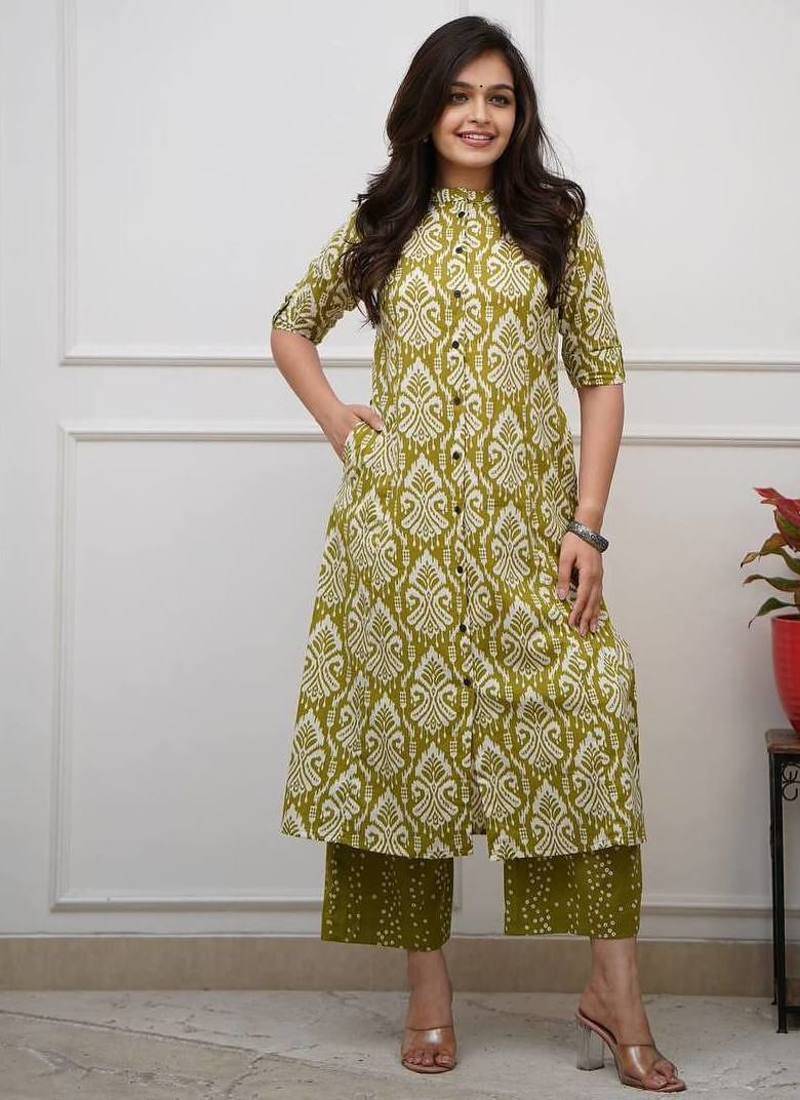 Green digital print cotton kurta set