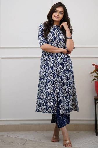 Women's blue digital print cotton kurta set