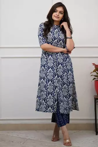 Women's blue digital print cotton kurta set
