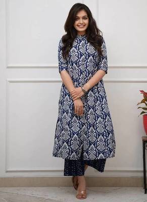 Women's blue digital print cotton kurta set 3