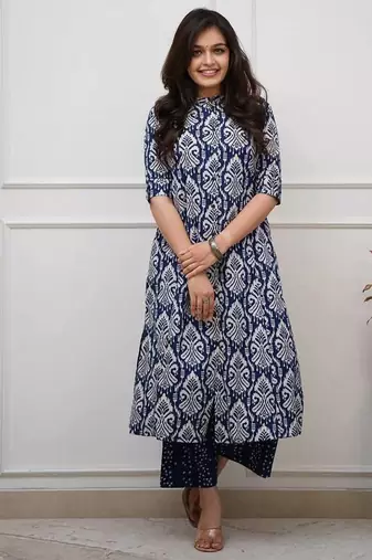 Women's blue digital print cotton kurta set