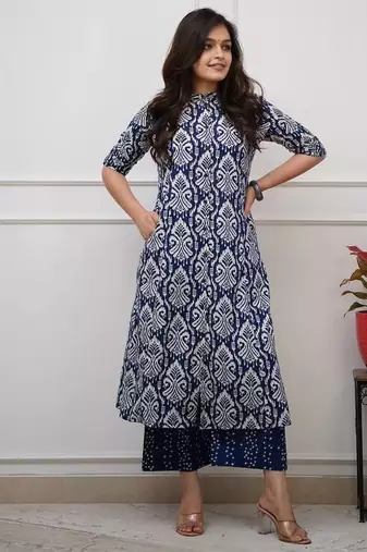 Women's blue digital print cotton kurta set